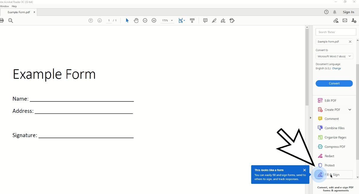 Выбор функции Заполнить и подписать в Adobe Reader