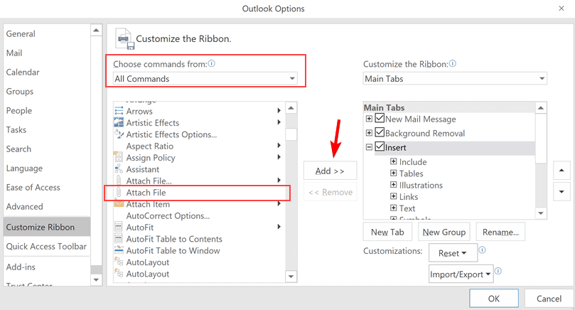 Список команд с опцией Attach File в Outlook
