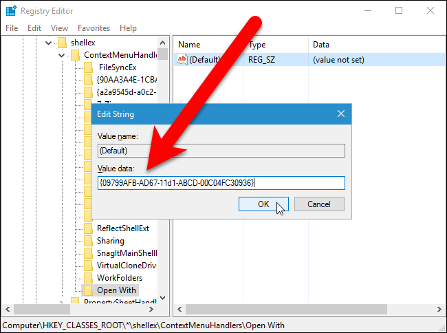 Редактирование значения Default для Open With