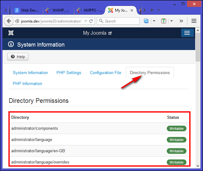 Статус прав доступа для директорий в Joomla