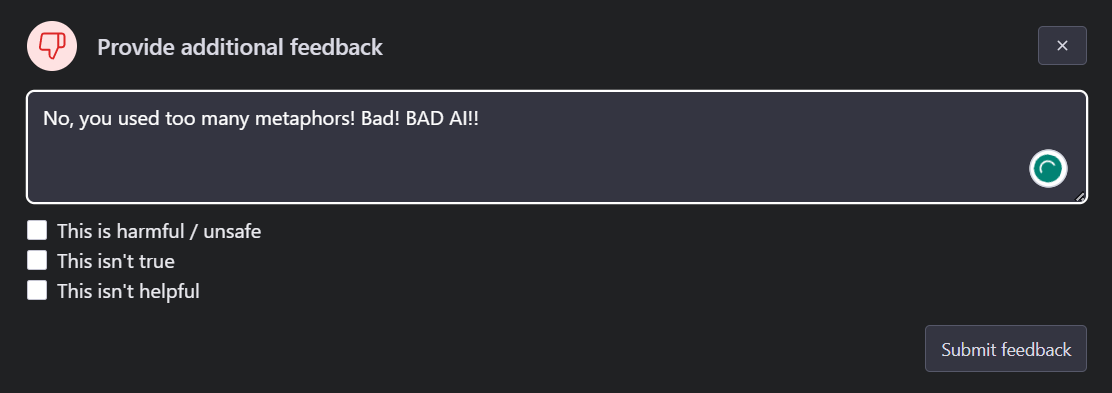 Пользователь оставляет критический отзыв ChatGPT.
