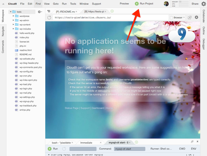 IDE Cloud9 с кнопкой запуска проекта