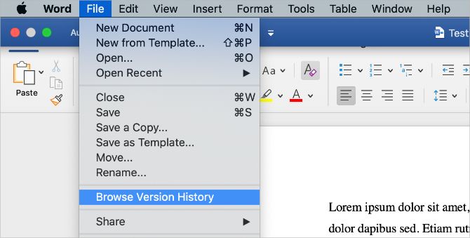Опция просмотра истории версий в Word