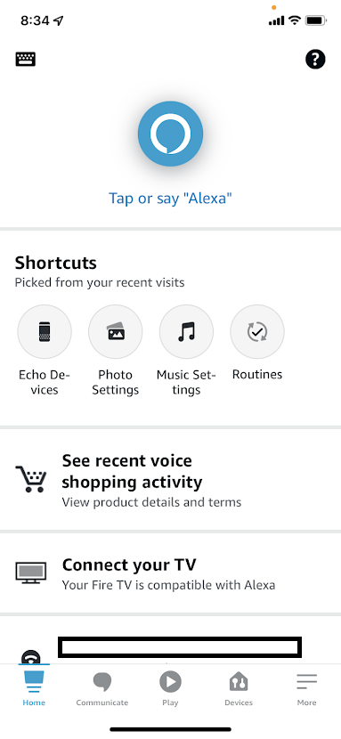 Главный экран приложения Alexa с меню устройств