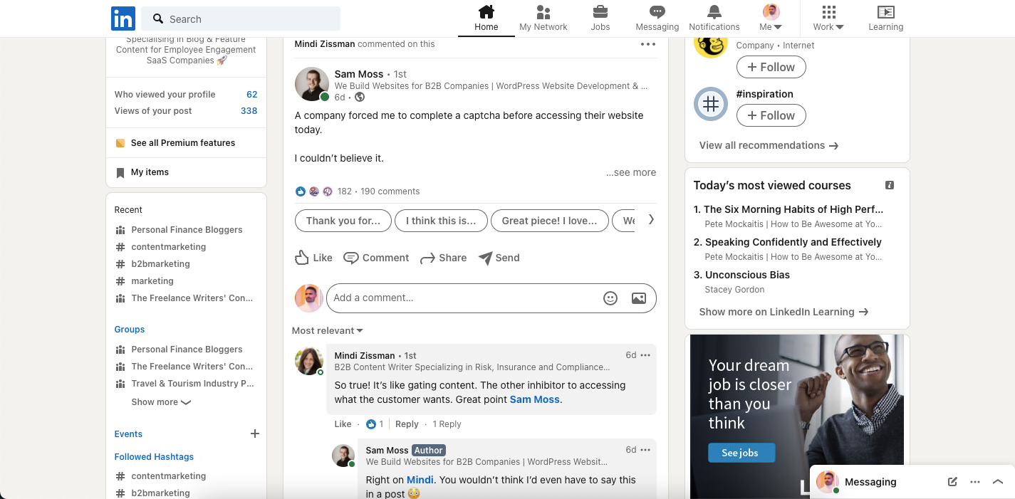 комментарии под постом знакомой сети LinkedIn