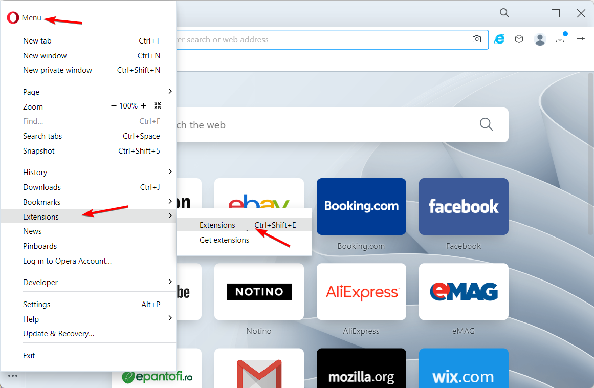 Список расширений в Opera One