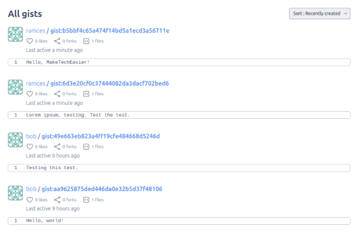 Скриншот списка доступных gist на экземпляре Opengist.