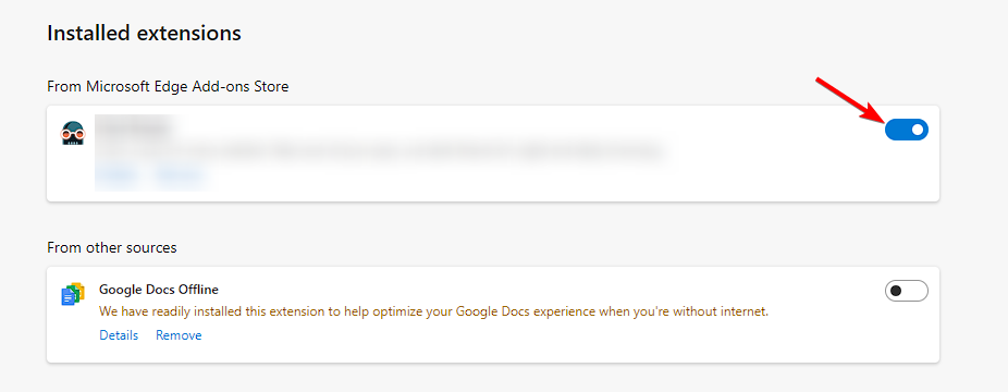 Скриншот страницы расширений Edge с тумблером для AdBlock