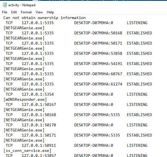 Arquivo activity.txt aberto no Bloco de Notas mostrando entradas de conexão