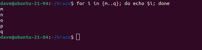 for i in {m..q}; do echo $i; done в окне терминала