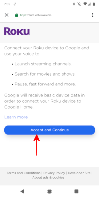 Страница входа в аккаунт Roku для связывания с Google