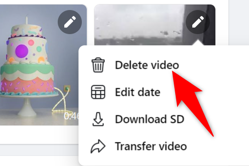 Пункт меню с надписью «Удалить видео»