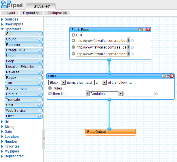 Интерфейс Yahoo Pipes: левое меню и основное окно