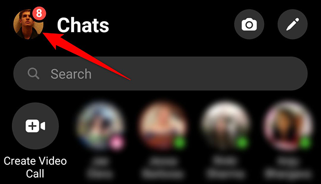 Иконка профиля в верхнем левом углу приложения Messenger