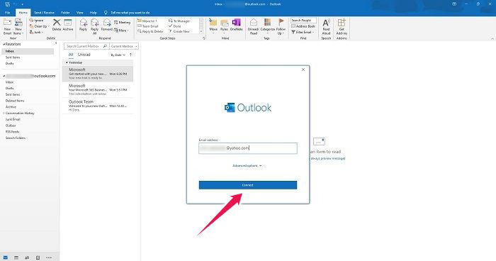 Окно подключения нового аккаунта в Outlook 2019