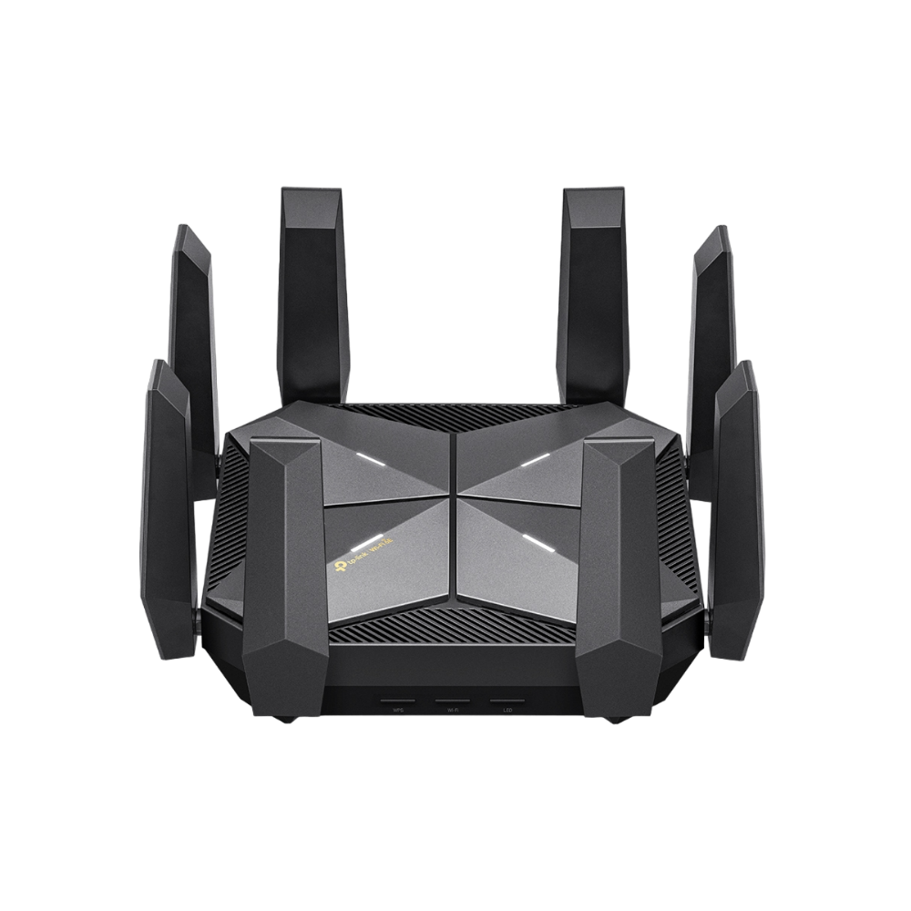 Маршрутизатор TP‑Link Archer AXE300 на сером фоне.