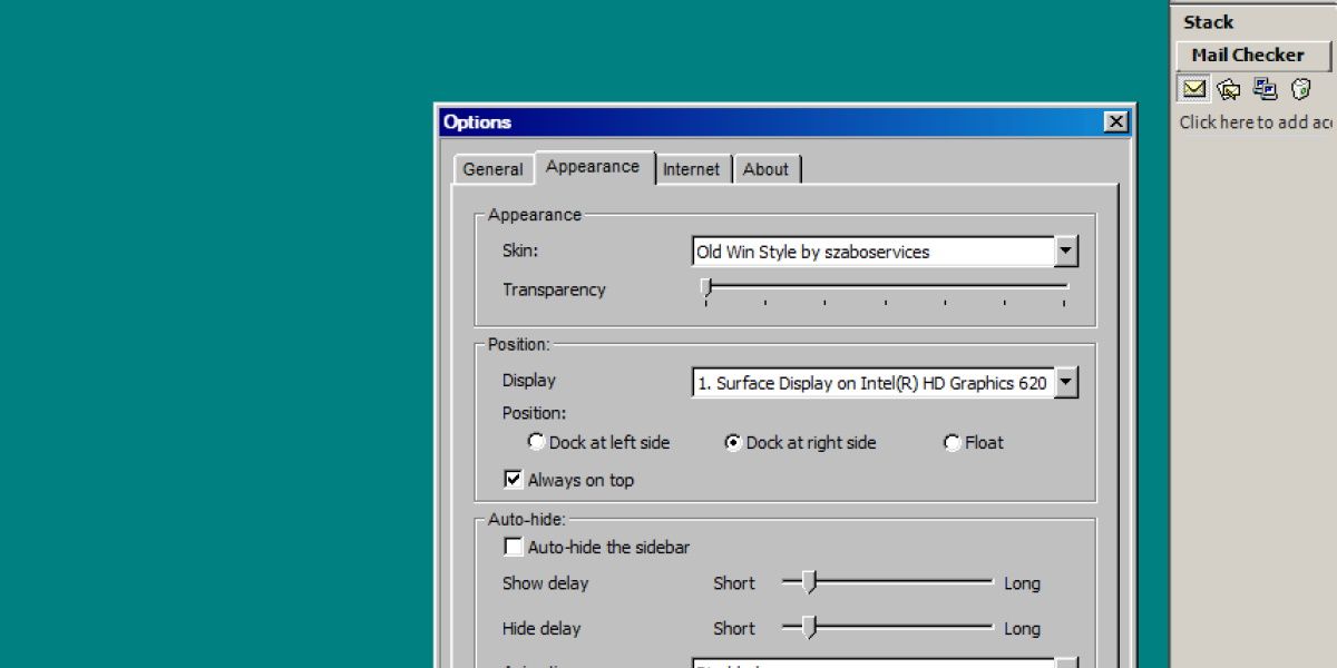 Скриншот боковой панели Windows Sidebar с опциями