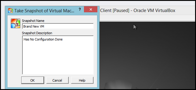 Диалог создания снимка с полями для названия и описания