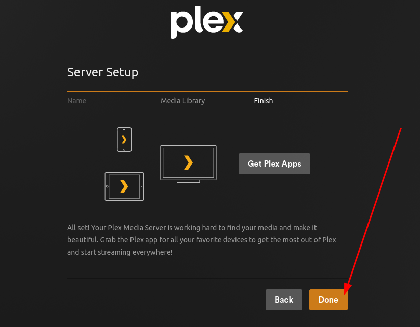 A Plex web UI webpage showing that the Plex media server configuration has been complete
