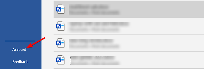 Меню «Учетная запись» Office