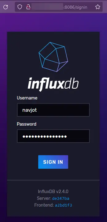 Страница входа InfluxDB