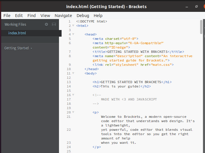 Рабочая область Brackets с открытым HTML-файлом