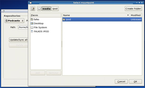 Выбор каталога монтирования iPod в файловом диалоге