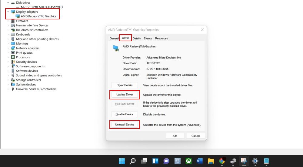Вкладка свойств драйвера графической карты