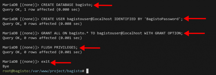 Создание БД и пользователя Bagisto