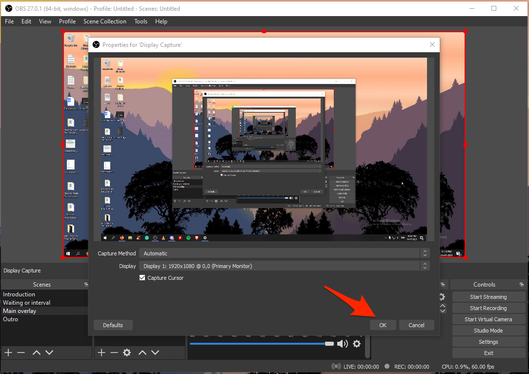 Окно настройки захвата дисплея: скрыть курсор