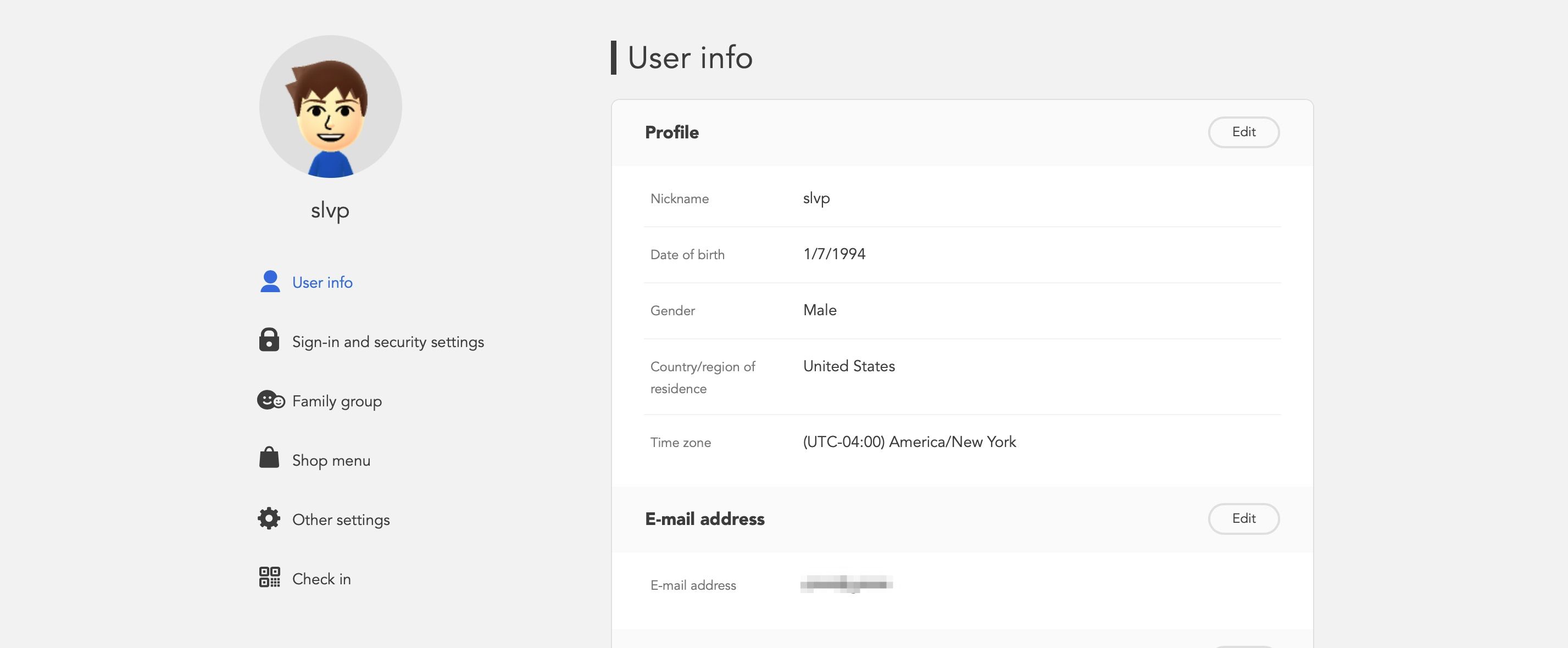 Страница информации об аккаунте Nintendo, показывающая параметры управления пользователем