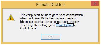 Предупреждение о параметрах питания при включении Удалённого рабочего стола