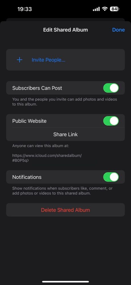 Варианты отправки ссылки на веб‑страницу альбома