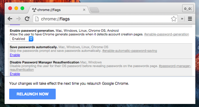 Экран: включение генерации паролей в chrome://flags