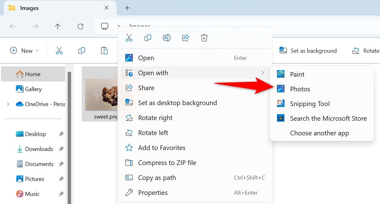 Контекстное меню с выделенным «Открыть с помощью > Photos».