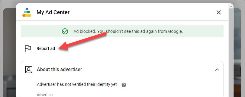 Опция «Report Ad» в окне My Ad Center для жалобы на рекламу