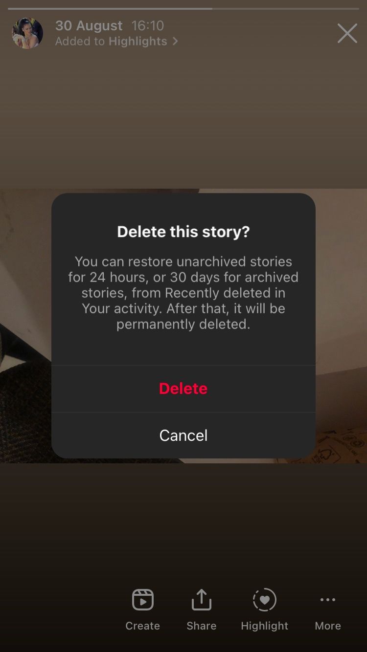 Удаление истории в Архиве Instagram