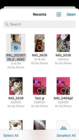 Выбор видео в Файлах для отправки