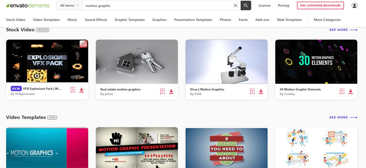Интерфейс библиотеки для motion design с образцами анимаций и элементами