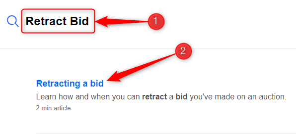 Поиск по запросу «Retract Bid» на странице справки eBay.