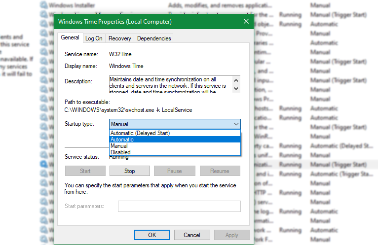 Служба времени Windows запущена и настроена на автоматический запуск