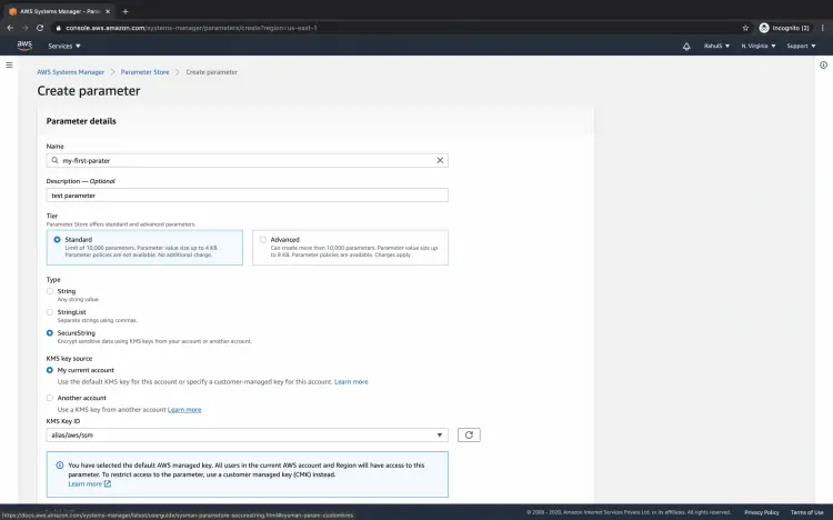 Создание параметра — указание имени и KMS-ключа