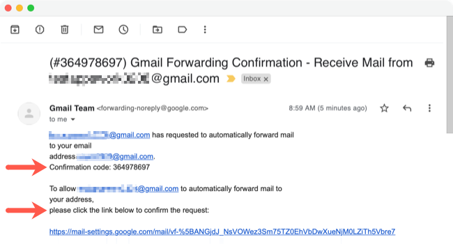 Пример письма от команды Gmail с инструкцией и кодом подтверждения