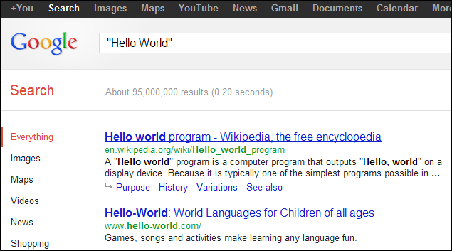 Скриншот: пример точного поиска фразы в Google