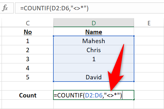 Введите формулу COUNTIF для подсчёта всех не-текстовых ячеек.