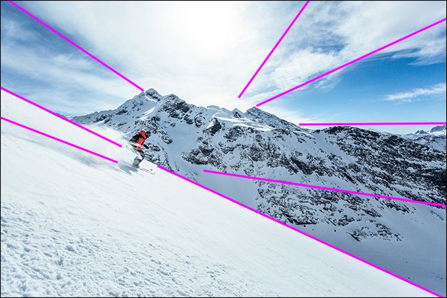 На изображении выделены линии, ведущие взгляд к горе и сноубордисту