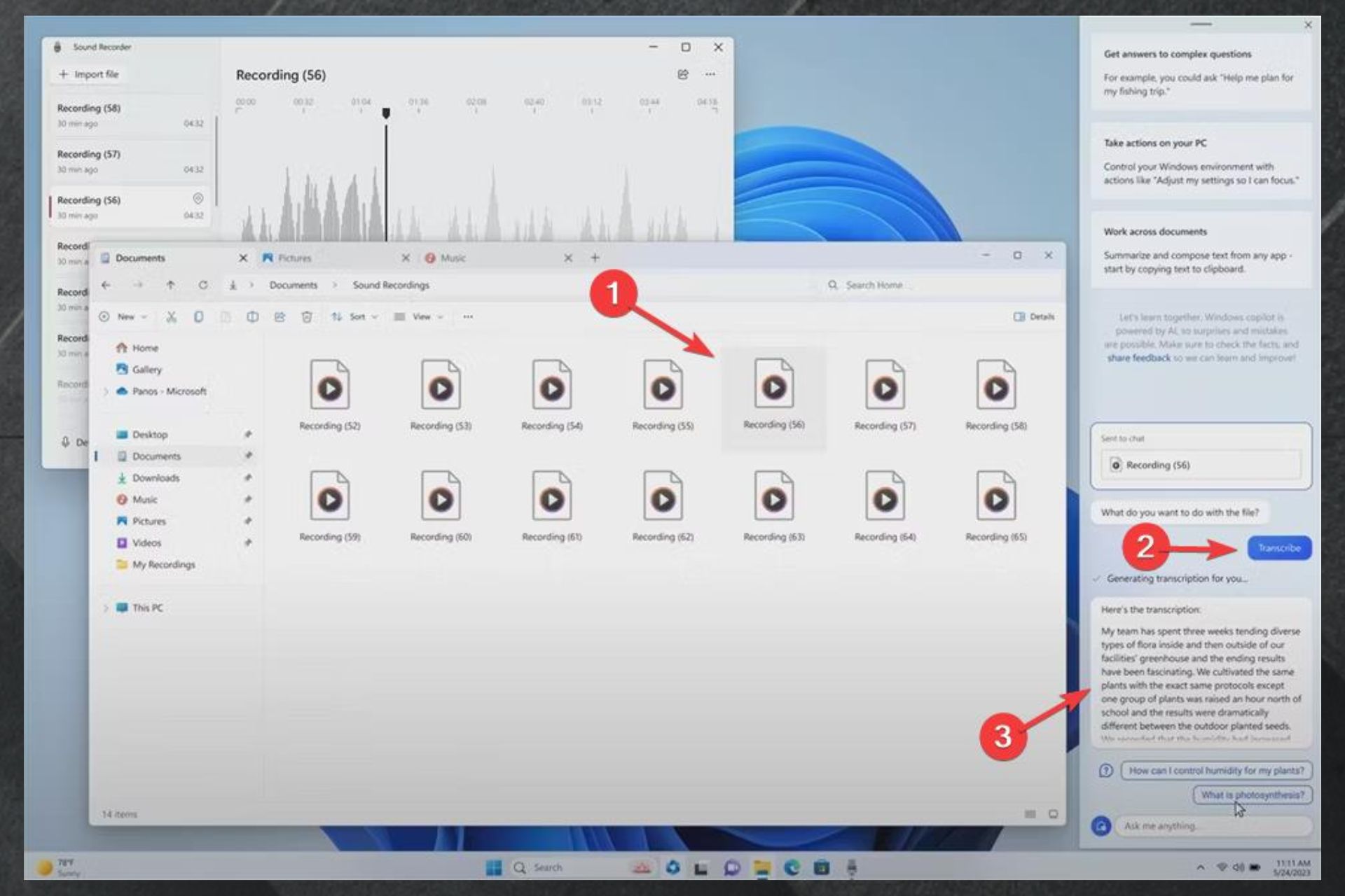 Пример интерфейса Copilot с опциями транскрибации и перевода