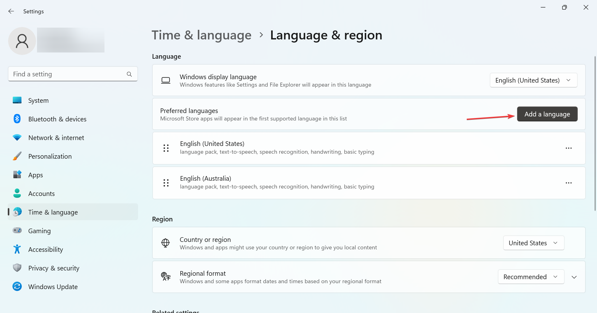 Кнопка Добавить язык в Windows 11
