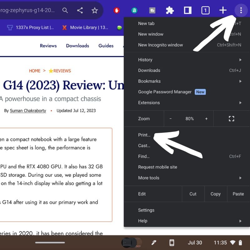 Открытие меню печати