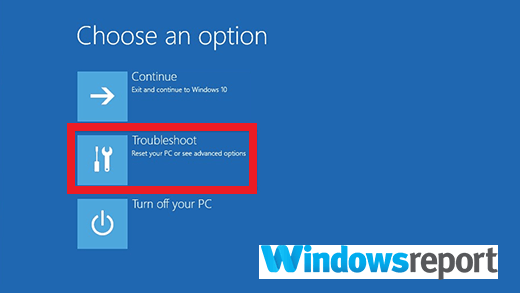 Экран «Выберите действие» Windows после принудительного выключения